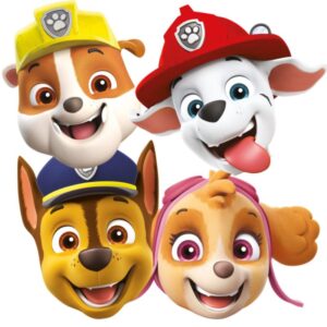 Diese Paw Patrol Masken lassen sich Kinderleicht anziehen und verwandeln dich in einen der Fellfreunde Rubble, Chase, Marshall oder Skye.