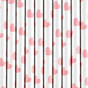 Papierstrohhalme weiss mit rosa Herzen 10 Stück