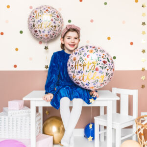Folienballon Happy Birthday hellrosa mit Blumen rund