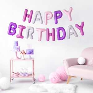Schriftzug Girlande Happy Birthday Folienballone rosa lila mix