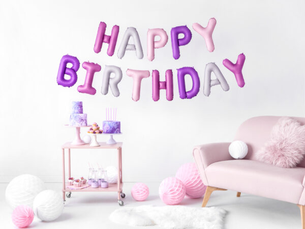 Schriftzug Girlande Happy Birthday Folienballone rosa lila mix