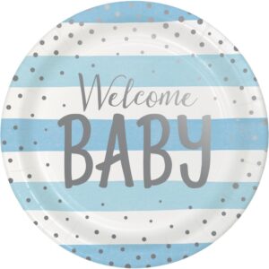 Teller Welcome Baby blau weiss gestreift