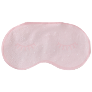 Diese wunderschöne Serviette ist rosa und hat die Form einer Schlafmaske. Ein süsser Blickfang deiner Party Dekoration für die Übernachtungsparty, Spa /Beauty-Party oder Kindergeburtstag zum Motto Pyjama-Party.