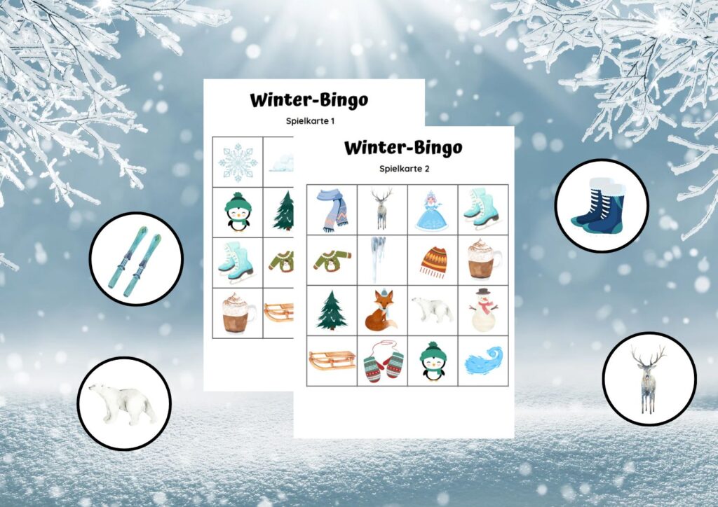 Spiel Winter Bingo für den Kindergeburtstag im Winter Vorlage zum herunterladen