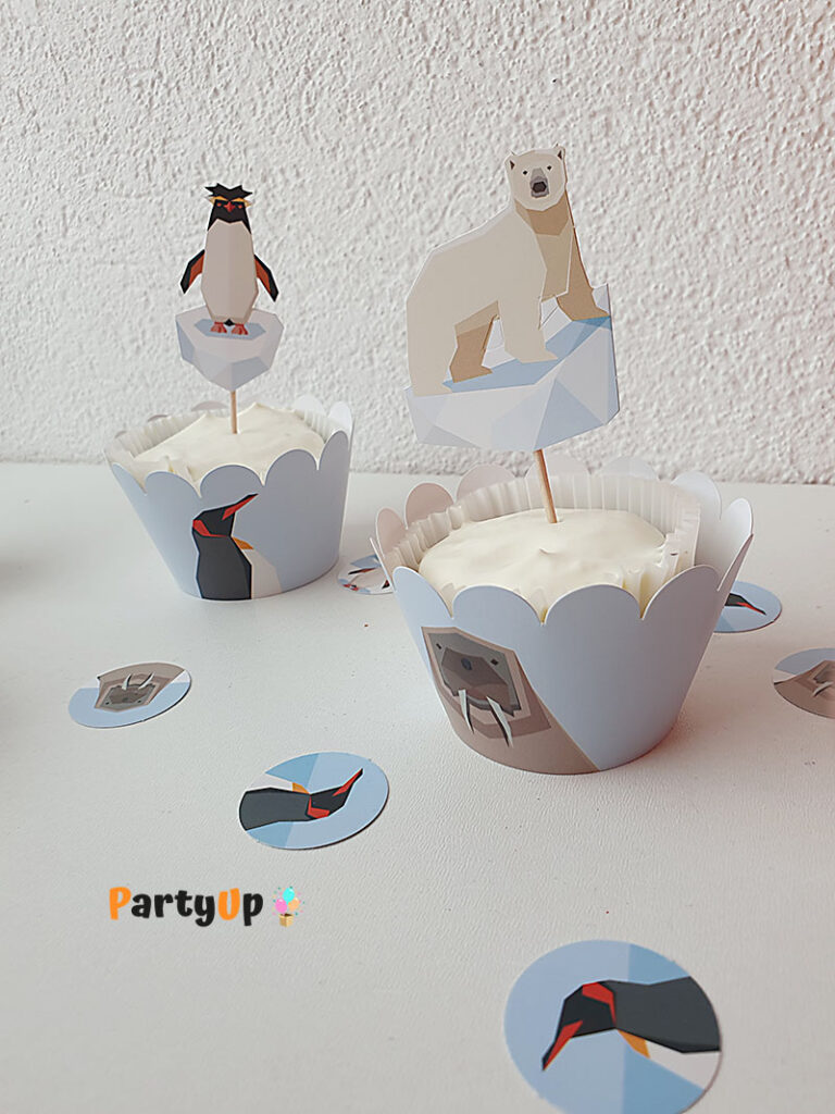 Winter Party Kindergeburtstag: Muffins einfache Dekoration mit Cupcake Set Pinguin, Eisbär, Seelöwe