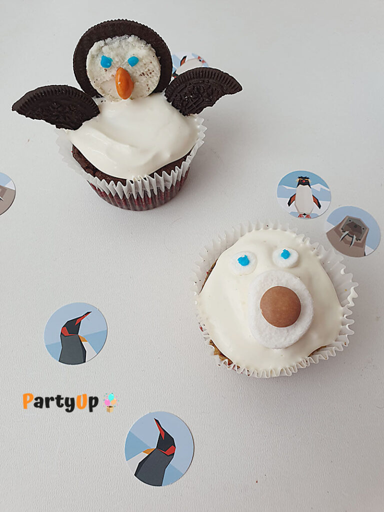 Anleitung Deko Pinguin und Eisbär Muffins für den Winter Kindergeburtstag