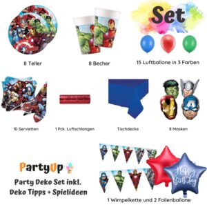 Feiere eine aufregende The Avengers Superhelden Party mit diesem Geburtstag Party Deko Set mit Teller, Becher, Servietten, Folienballon, Luftballons.