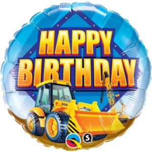 Dieser runde Bagger Folienballon mit dem Schriftzug Happy Birthday ist die ideale Ergänzung für deine Party Dekoration für den Kindergeburtstag.