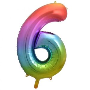 Dieser XL Zahl 6 Folienballon in Regenbogen Farben ist die ideale Ergänzung für deine Raum Dekoration für die Geburtstagsparty. Er ist heliumgeeignet.