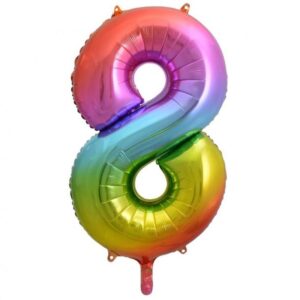 Dieser XL Zahl 8 Folienballon in Regenbogen Farben ist die ideale Ergänzung für deine Raum Dekoration für die Geburtstagsparty. Er ist heliumgeeignet.