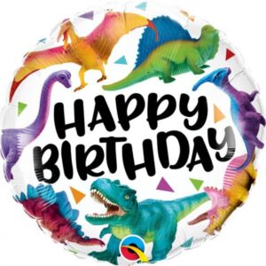 Dieser runde Dinosaurier Folienballon mit dem Schriftzug Happy Birthday ist die ideale Ergänzung für deine Party Dekoration für den Kindergeburtstag.