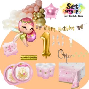 Feiere mit dem '1. Geburtstag Mädchen Feen-Zauber Deko Set'. Großer Feenballon, Goldglanz und alles für eine märchenhafte Party!