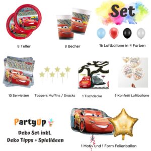 Feiere eine aufregende Cars Party mit Lightning McQueen mit diesem Geburtstag Party Deko Set mit Teller, Becher, Servietten, Folienballon, Luftballons.
