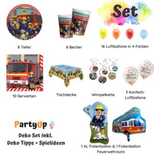 Feiere eine aufregende Feuerwehrmann Sam Party mit diesem Geburtstag Party Deko Set mit Teller, Becher, Servietten, Folienballon, Luftballons.