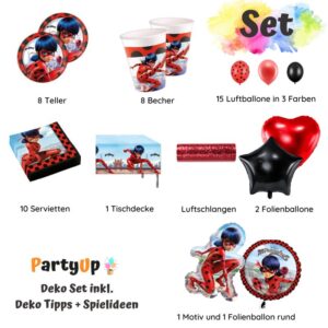 Feiere eine aufregende Miraculous Ladybug Superhelden Party mit diesem Geburtstag Party Deko Set mit Teller, Becher, Servietten, Folienballon, Luftballons.