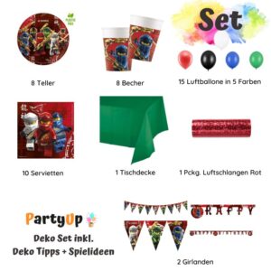 Feiere eine aufregende Lego Ninjago Party mit diesem Geburtstag Party Deko Set mit Teller, Becher, Servietten, Folienballon, Luftballons.