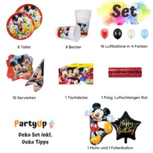 Feiere eine aufregende Mickey Maus Party mit diesem Geburtstag Party Deko Set mit Teller, Becher, Servietten, Folienballon, Luftballons.