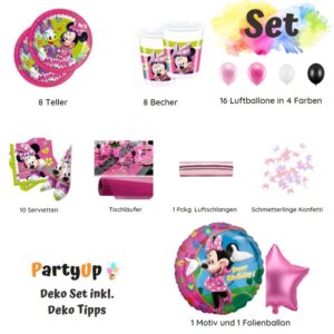 Feiere eine aufregende Minnie Maus Party mit diesem Geburtstag Party Deko Set mit Teller, Becher, Servietten, Folienballon, Luftballons.