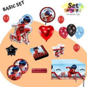 Feiere eine aufregende Miraculous Ladybug Superhelden Party mit diesem Geburtstag Party Deko Set mit Teller, Becher, Servietten, Folienballon, Luftballons.