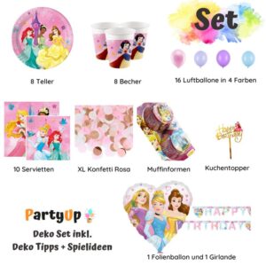 Feiere eine zauberhafte Disney Prinzessinnen mit diesem Geburtstag Party Deko Set mit Teller, Becher, Servietten, Folienballon, Luftballons.