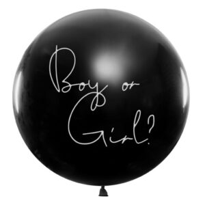 Enthülle das Geschlecht deines Babys mit Stil und Aufregung! Luftballon Gender Reveal Babyparty Girl 1m - Schwarz mit weißer Aufschrift und gefüllt mit rosa Konfetti.