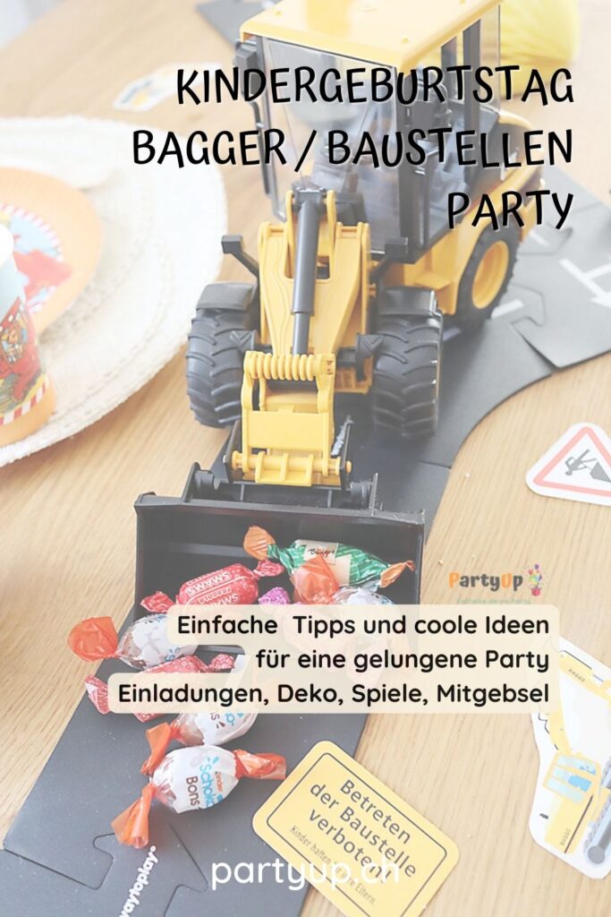 Kindergeburtstag Bagger / Baustellen Party Blog Beitrag mit Ideen für Einladungen, Deko, Spiele und Mitgebsel