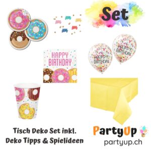 Feiere deinen Geburtstag mit Stil mit dem Donut-Party-Geburtstags-Deko-Set! Enthalten sind Teller, Becher, Servietten, Konfetti für den Tisch, Tischdecke beige