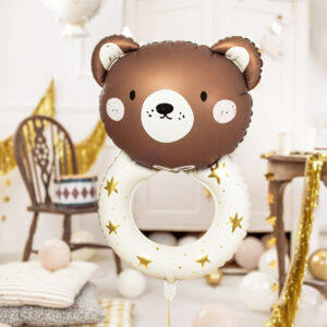 Niedlicher Folienballon Teddybär Rassel für Babypartys und ersten Geburtstag. Cremefarben mit süßem Bärchen-Gesicht und goldenen Details. Jetzt bestellen!