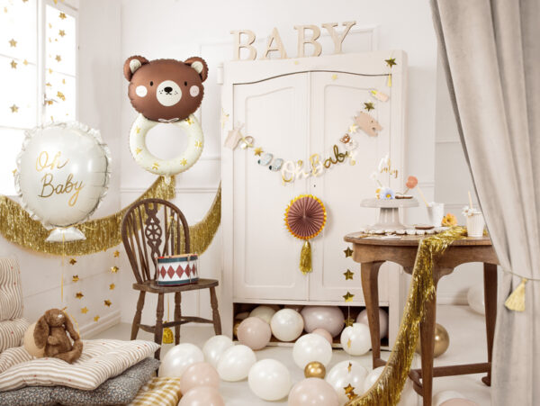 Niedlicher Folienballon Teddybär Rassel für Babypartys und ersten Geburtstag. Cremefarben mit süßem Bärchen-Gesicht und goldenen Details. Jetzt bestellen!