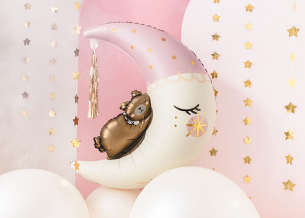 Zauberhafter Folienballon Teddybär auf dem Mond für Babypartys und ersten Geburtstag. Cremefarben mit goldenen Details. Jetzt bestellen und verzaubern lassen!