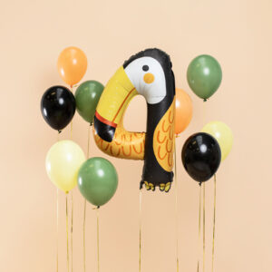 Grosser XL Zahlenballon mit der Zahl 4 und einem coolen Tukan für den Dschungel-Look. Die perfekte Geburtstagsdeko für den Kindergeburtstag.