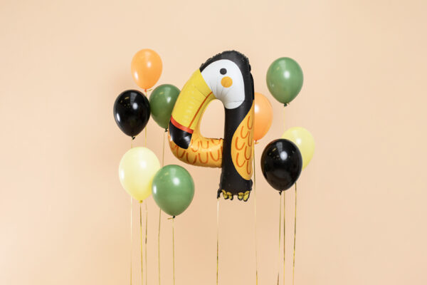 Grosser XL Zahlenballon mit der Zahl 4 und einem coolen Tukan für den Dschungel-Look. Die perfekte Geburtstagsdeko für den Kindergeburtstag.
