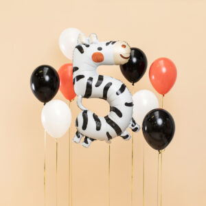 Grosser XL Zahlenballon mit der Zahl 5 und einem süssen Zebra für den Dschungel-Look. Die perfekte Geburtstagsdeko für den Kindergeburtstag.