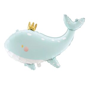 Dieser Folienballon hat die Form eines Wals. Der Wal ist ein echter Hingucker beim Kindergeburtstag zum Motto Unterwasser oder Meerjungfrau.