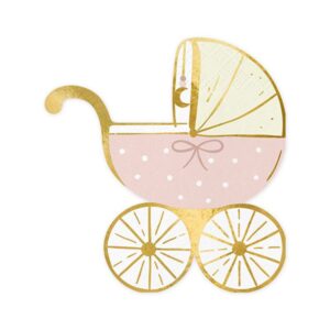 Feiere die Ankunft eines kleinen Mädchens mit unseren rosa-goldenen Kinderwagen-Servietten. Bestelle jetzt einzeln und dekoriere stilvoll Deine Baby Shower!