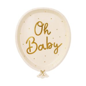 Stilvolle Pappteller in Form eines Luftballons mit goldenem "Oh Baby" Schriftzug. Natürlich-elegantes Design für die Baby Shower. Grösse ca. 17,6 x 22 cm.
