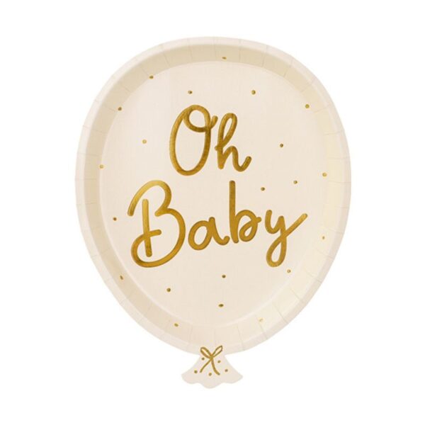 Stilvolle Pappteller in Form eines Luftballons mit goldenem "Oh Baby" Schriftzug. Natürlich-elegantes Design für die Baby Shower. Grösse ca. 17,6 x 22 cm.