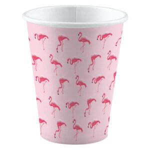 Fröhliche Flamingos auf den rosafarbenen Bechern Flamingo Party 250ml bringen tropische Stimmung auf deine Party. Preis pro Stück.