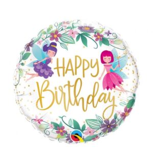 Folienballon Fee Happy Birthday - Verzaubere deine Party mit süßen Feen! Durchmesser: 46cm. Schriftzug Happy Birthday, Feen, Blumen und Blätter.