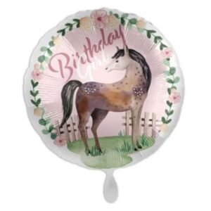 Feiere deinen Geburtstag mit dem bezaubernden Folienballon Pferdeparty Birthday! Galoppierendes Pferd, Rosen- und Blumengirlande in Rosatönen. Perfekt für Helium oder Luftfüllung.