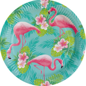 Die Teller Flamingo Party bringen sommerliche Farbenpracht auf deine Tafel. Türkis mit Palmenblättern, Blüten und pinken Flamingos. Durchmesser: 23 cm.