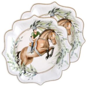 Die Teller Pferdeparty sind perfekt für eine bezaubernde Pferdeparty. Durchmesser: ca. 22 cm. Hochwertige Pappe. Stilvolles Design mit Reiterin und Pferd.