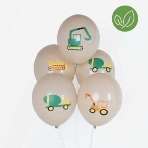 Bunte Ballons für Feierlichkeiten mit unserem Luftballon Set Baustellen Party. Perfekt für Fans von Baggern, Kränen und Lastwagen. Umweltfreundlich und biologisch abbaubar.