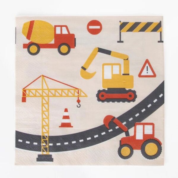 Ergänze deine Baustelle Geburtstagsdekoration mit unserer Serviette Baustelle Party. Beige Papierserviette mit Baumaschinen-Motiven. Nachhaltig hergestellt.