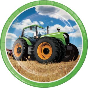 Der Teller Traktor ist ein Muss für kleine Traktor-Fans! Strahlender grüner Traktor auf einem Getreidefeld, umgeben von einem hellgrünen Rand.