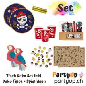 Verwandle deinen Geburtstagstisch in ein Piratenparadies mit unserem Piraten Tisch Deko Set! Mit dieser Deko wird die Party ein voller Erfolg!