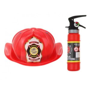 2-teiliges Feuerwehrmann-Set inklusive verstellbarem Helm und spritzfähigem Feuerlöscher. Ideal für Kindergeburtstage und Rollenspiele.