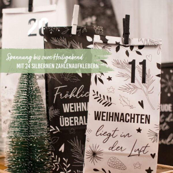 Kreiere deinen persönlichen Adventskalender mit dem DIY Tüten Set „Holy Night“ in Schwarz & Weiss! Ideal für Teenager und Erwachsene.