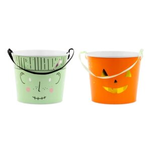 Halloween-Süssigkeiteneimer in zwei Designs: Kürbis und Frankenstein. Ideal für "Süßes oder Saures". Perfekt für Kinder und Halloween-Fans.