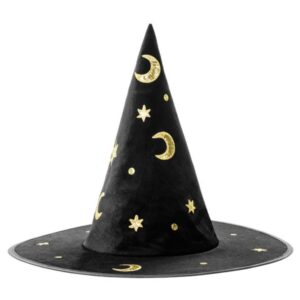 Entdecke den perfekten Hexenhut für Kinder – aus schwarzem Samt, bestickt mit goldenen, glitzernden Monden und Sternen. Ideal für Halloween und Fasnacht!